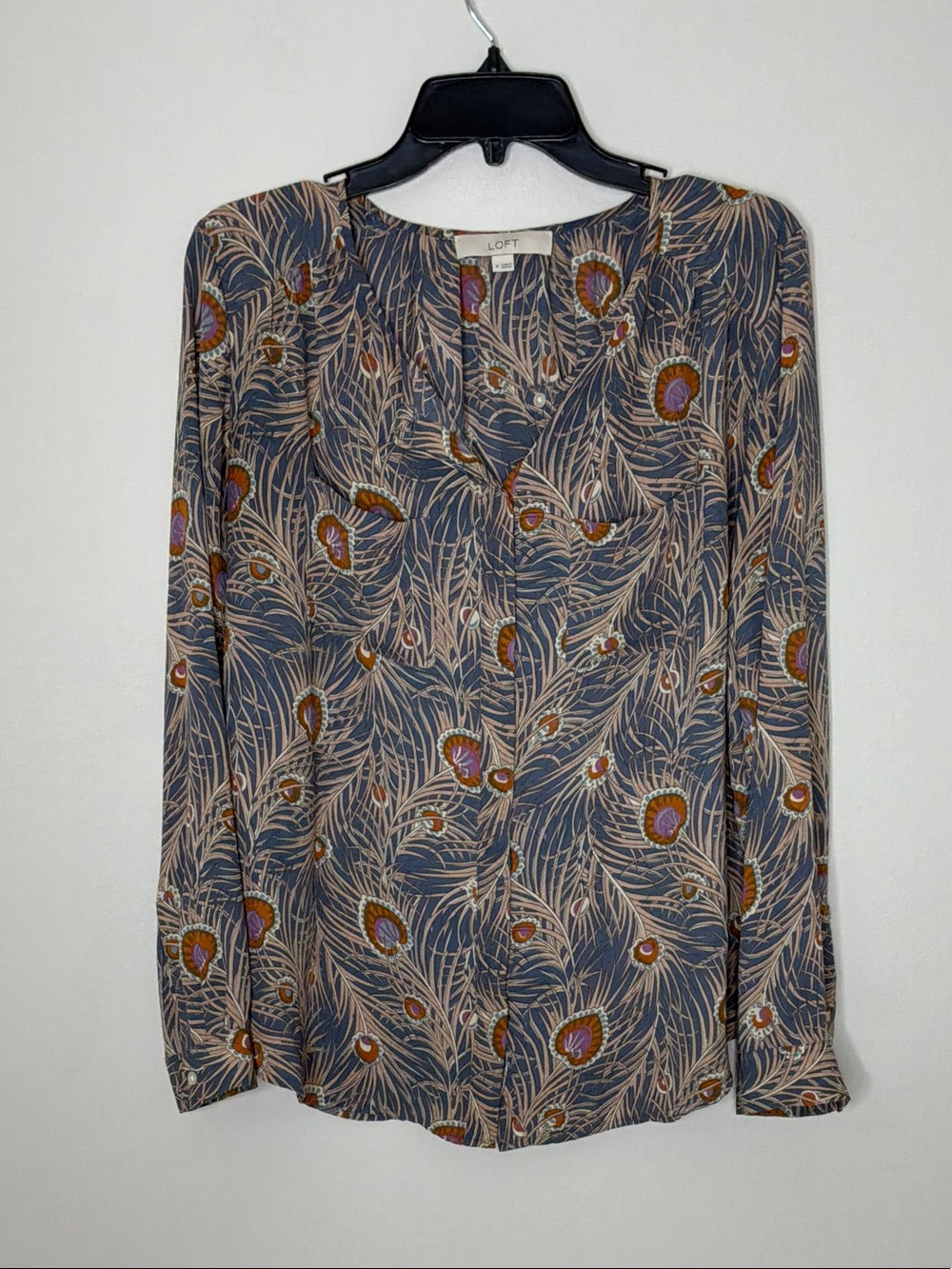 LOFT Navy Rust Cream Feather-Print Button Front Blouse